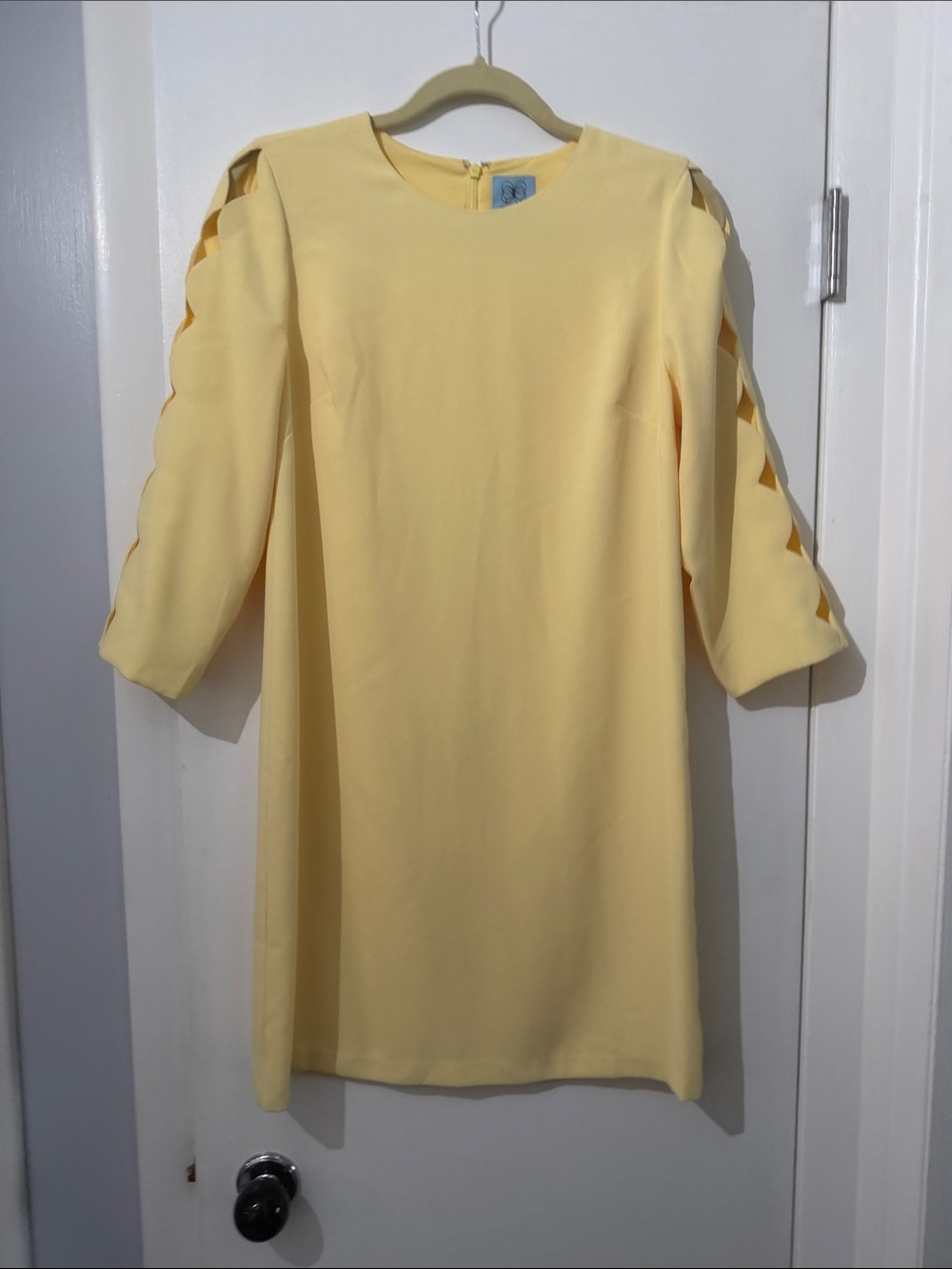 CeCe Pale Yellow Shift Dress with Cutout Ladder-Sleeve Detail